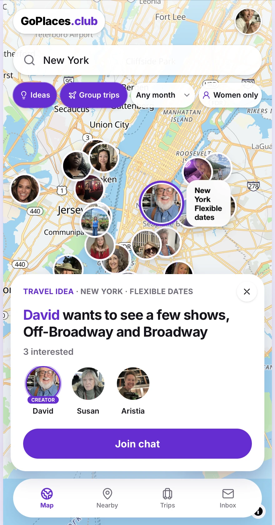 GoPlaces on a phone: David’s New York group for Broadway and Off-Broadway shows, with interested members and a Join chat button
