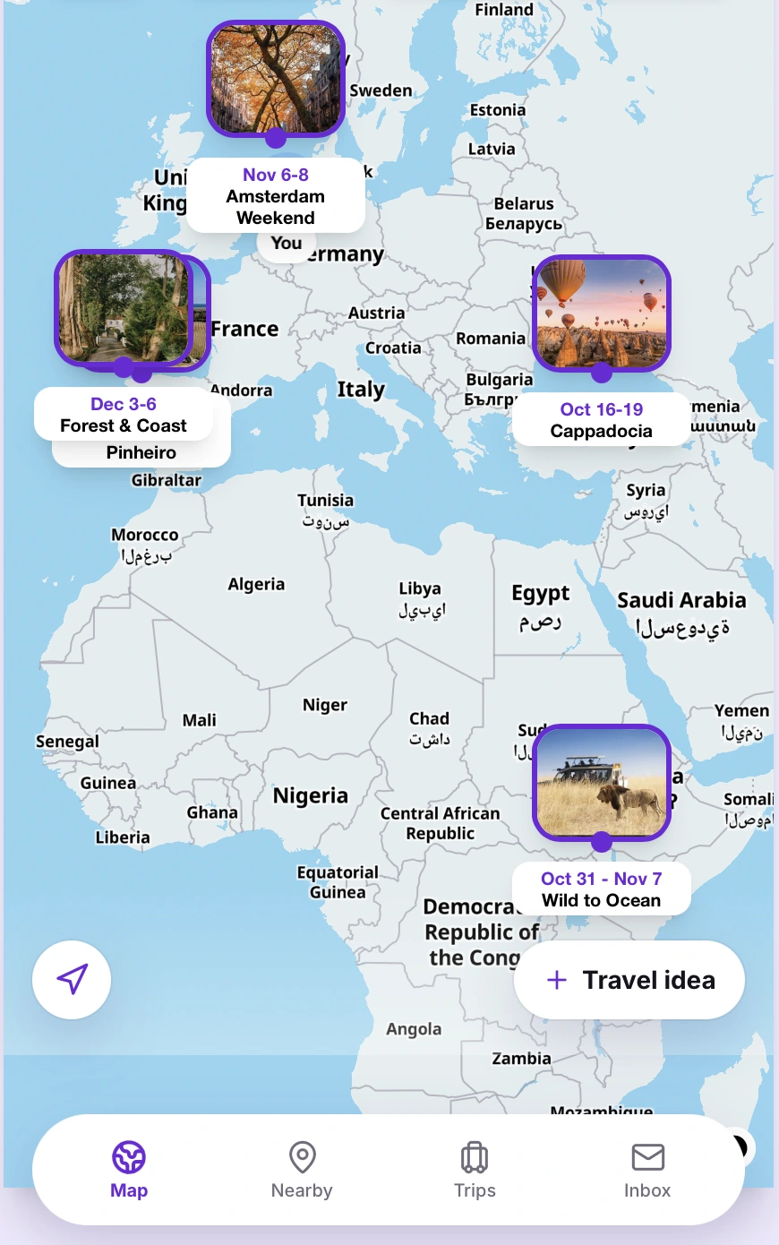 GoPlaces map showing Amsterdam Weekend, Forest & Coast in Portugal, Cappadocia, and Kenya’s Wild to Ocean trip